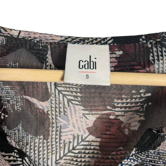 Cabi Black Floral Print Sleeveless Ruffled Sheer V-Neck Blouse Size Small - Picture 2 of 8